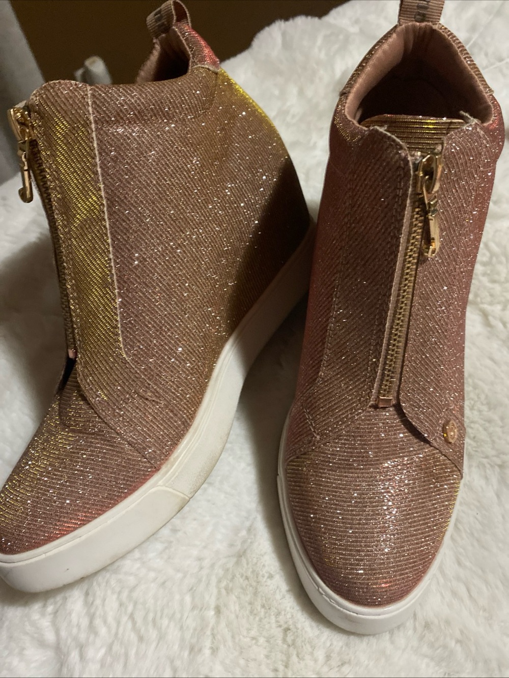 Juicy Couture Rose Gold Glitter Wedge Zip Sneakers